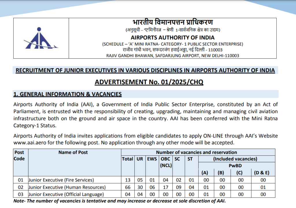 AAI Junior Executive Bharti 2025 Main