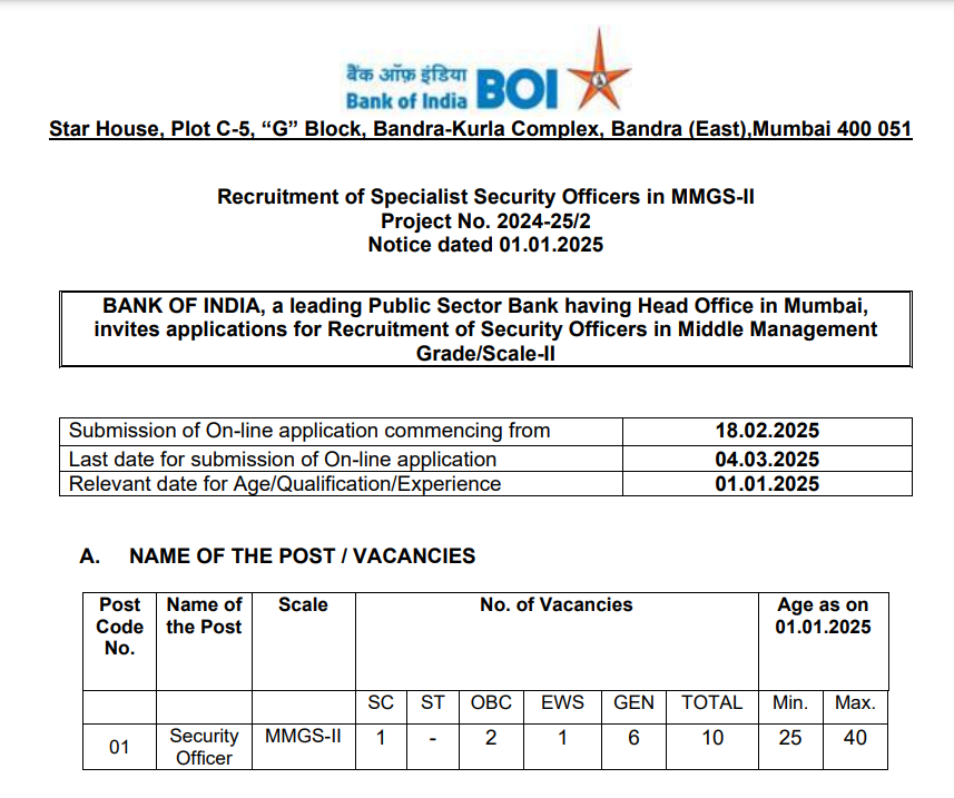 Bank Of India Security Officer Bharti 2025 Main