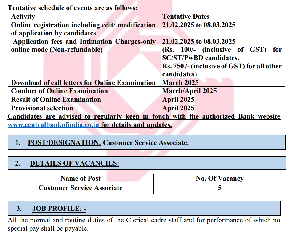 Central Bank of India Recruitment 2025 Main